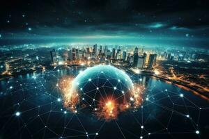 AI generated Global network connection over modern cityscape at night. 3D rendering, Global network connection and the internet of things IoT concept, AI Generated photo