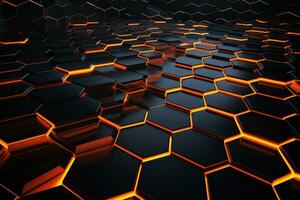 AI generated Black and orange hexagon background. 3d rendering, 3d illustration, Futuristic, high-tech dark background with a triangular block structure, AI Generated photo