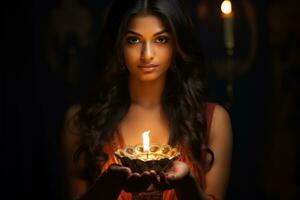 AI generated Beautiful indian woman in traditional dress holding diwali oil lamp, Indian woman holding diya or oil lamp in hand, AI Generated photo