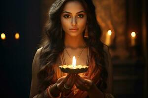 ai generado hermosa indio mujer en rojo paño participación diwali vela, indio mujer participación diya o petróleo lámpara en mano, ai generado foto