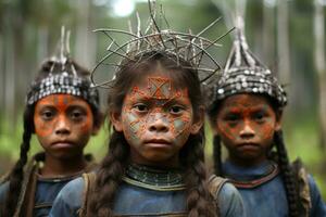 ai generado no identificado niños de chiang mai étnico grupo en tradicional disfraz en chiang Mai, tailandia, indígena niños en el Amazonas selva, ai generado foto