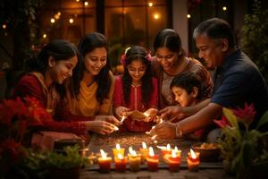 AI generated indian family lighting candle during diwali celebration at table outdoors, Indian Hindu family gathered together celebrating Diwali in their backyard garden, AI Generated photo