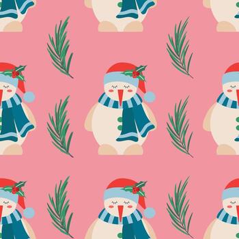 Navidad modelo con monigote de nieve en un bufanda y sombrero, árbol rama. vector