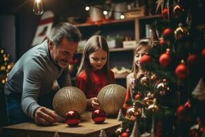 ai generado linda pequeño niña y su abuelo decorando Navidad árbol a hogar, un familia elaboración hecho en casa decoraciones durante un fiesta estación, ai generado foto