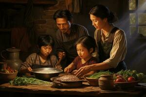 AI generated indian family eating traditional dumpling in the kitchen at home, A family cooking their cultural heritage dishes, AI Generated photo