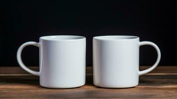 Two white mugs on dark background, mockup template front view. photo