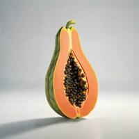 AI generated a papaya cut in half, sitting on a white surface. photo