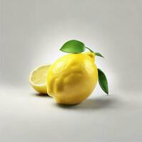 AI generated a whole and a half lemon, along with several green leaves, resting on a wooden cutting board. photo