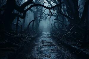 ai generado melancólico y oscuro bosque camino en grueso niebla. generado por artificial inteligencia foto
