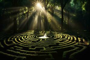 AI generated Green labyrinth in a large forest in the sun. Generated by artificial intelligence photo