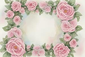 AI generated Watercolor pink roses and leaves frame on white background with space for text. Floral wreath. Pastel colors. photo