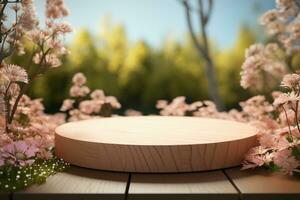 AI generated Wooden podium in nature with flowers. Blurred nature background. Stand for placing natural products. Generated by artificial intelligence photo