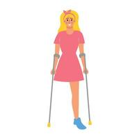 mujer en muletas con No pierna. hembra personaje pasando rehabilitación después trauma o accidente. discapacitado persona. apoyo, especial necesidades, miembro amputación concepto. vector