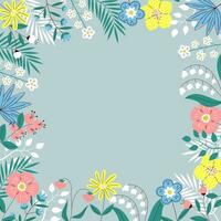 Spring background with flowers and leaves, plants and berries. Trendy abstract square art floral template. Copy space. Hand drawn colorful vector illustration.