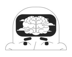 Brain fog black and white 2D illustration concept. Fatigue mental clouds cartoon outline character head isolated on white. Burnout syndrome. Seasonal affective disorder metaphor monochrome vector art