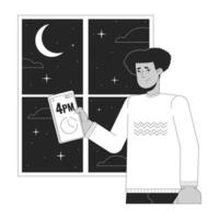 Time change cause depression black and white cartoon flat illustration. Hispanic man with low mood checking time on phone 2D lineart character isolated. SAD cause monochrome scene vector outline image