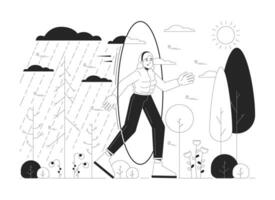 Bipolar disorder black and white 2D illustration concept. Transit from rainy days to sunny weather woman cartoon outline character isolated on white. Seasonal depression metaphor monochrome vector art