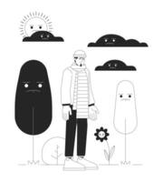 Depressed mood on gloomy day black and white 2D illustration concept. Winter blues man caucasian cartoon outline character isolated on white. Trigger seasonal depression metaphor monochrome vector art