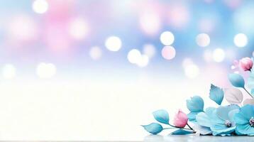 AI generated okeh pastel blue and pink background with flowers. Copy space. Springtime banner. photo