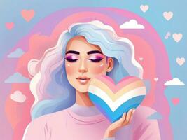 AI generated Beautiful girl with a rainbow heart in her hands. Pastel pink and blue colors. LGBT, transgender pride concept. Flat cartoon illustration. photo