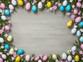 AI generated ster eggs and flowers on wood background. Top view with copy space. Spring and Easter holiday concept. photo