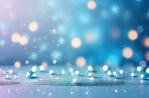 AI generated Pastel blue background with sparkle, lights and stars. Bokeh effect. Copy space. Christmas winter abstract blurred background. photo