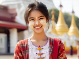 ai generado alegre birmano niña con un tradicional atuendo a un templo en myanmar foto