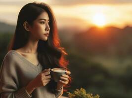 ai generado joven mujer contemplando con café taza a puesta de sol foto