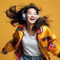 ai generado alegre asiático mujer bailando a música con cerrado ojos en de colores antecedentes foto