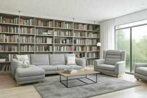 AI generated Modern living room with library. Pro Photo