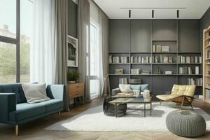 AI generated Modern living room with library. Pro Photo