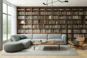 AI generated Modern living room with library. Pro Photo