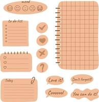 memo paper sheets, sticky note, reminder, to do list, calendar. Bullet journal elements in doodle style. Vector illustration