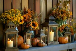 AI generated Thanksgiving decorations on wooden flor, close-up scene, grey background photo
