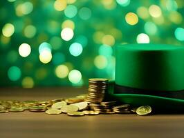 AI generated Cinematography photo of a bright green lipricon hat and gold coins. High quality. AI Generative