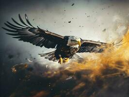 AI generated A horizontal banner with an eagle flying in the rain. High quality. AI Generative photo