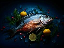 AI generated Fresh fish with lemons Professional photo. High quality. AI Generative photo