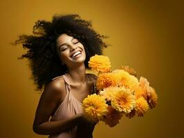 AI generated Happy smiling woman holding a bouquet on a yellow background. High-resolution. AI Generative photo