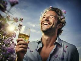 AI generated Happy smiling man holding a glass of wine. Flower and sky background. High quality. AI Generative photo