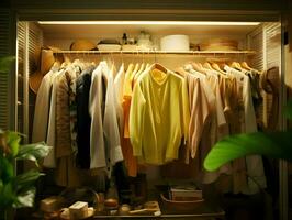 AI generated Cinematic shot of the open wardrobe with clothers. High-resolution. AI Generative photo