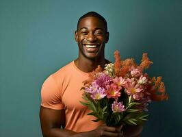 AI generated Happy smiling man holding a bouquet on a blue background. High-resolution. AI Generative photo