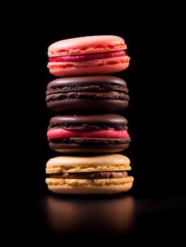 AI generated Macaroons minimalism on a dark background. Gastronomy photography. High-resolution. AI Generative photo