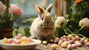 ai generado linda Pascua de Resurrección Conejo en flores con de colores codorniz huevos. brillante bonito Sesión de fotos. primavera vibras. alto calidad. ai generativo foto