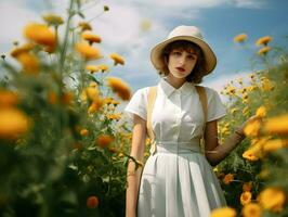 AI generated Summer vocations photography of the girl. Woman in the hat and dress. High quality. AI Generative photo