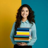 AI generated Smiling school student holding textbooks on the yellow and blue background. High quality. AI Generative photo