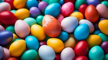 ai generado un montón de vistoso de colores huevos antecedentes. Pascua de Resurrección vibras. alta resolución. ai generativo foto