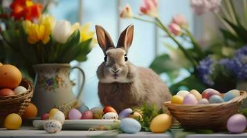 ai generado linda Pascua de Resurrección Conejo en flores con de colores huevos. brillante bonito Sesión de fotos. primavera vibras. alto calidad. ai generativo foto