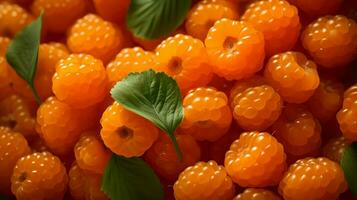 AI generated Lots of orange cloudberry background with leaves. Fresh and tasty berries. High-resolution. AI Generative photo