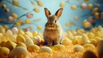 ai generado linda Pascua de Resurrección Conejo en de colores amarillo huevos. brillante bonito Sesión de fotos. primavera vibras. alto calidad. ai generativo foto