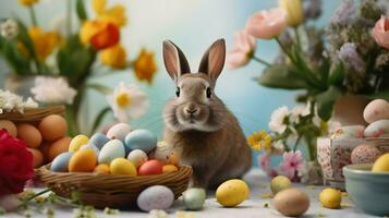 AI generated Cute Easter rabbit in flowers with colored eggs. Bright nice photoshoot. High quality. AI Generative photo